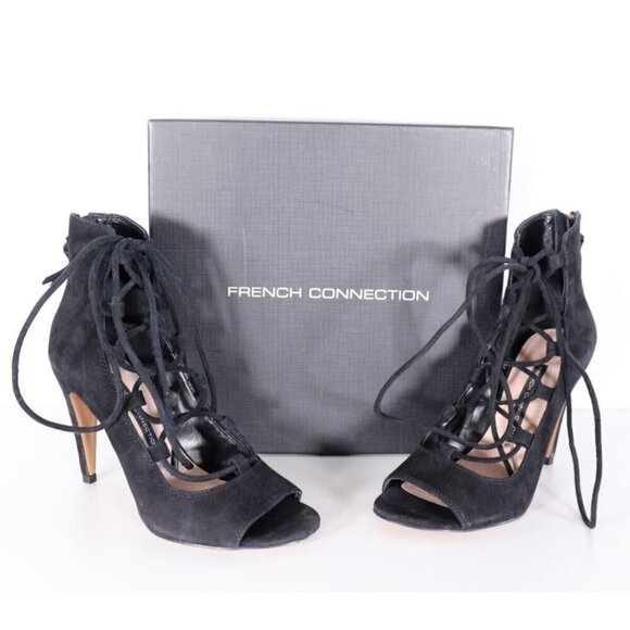 French Connection Women Size 6.5 Black Nari Pumos Lace-Up Zipper Suede Heels NEW - Picture 3 of 6